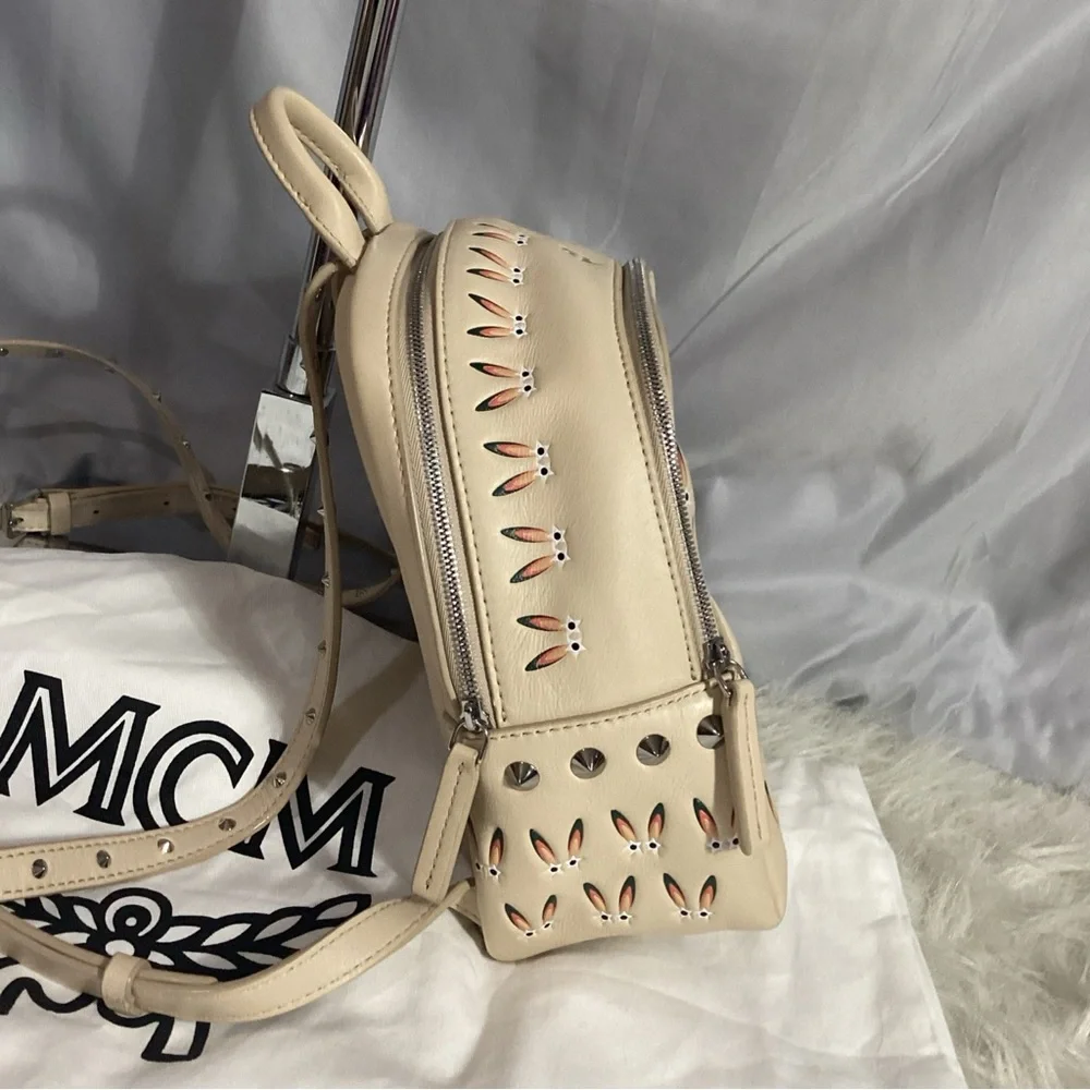 MCM Star Eyed Bunny Rabbit Lambskin Mini Backpack Studded Straps Pink Suede Int